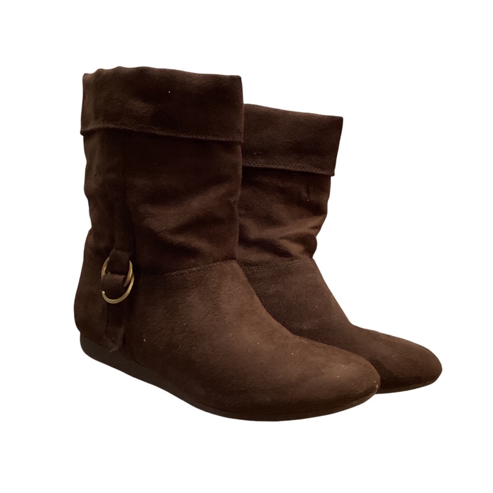 Womens Brown Faux Suede Fold Over Cuff Ankle Boots Fashion Buckle Flat Shoes 8.5